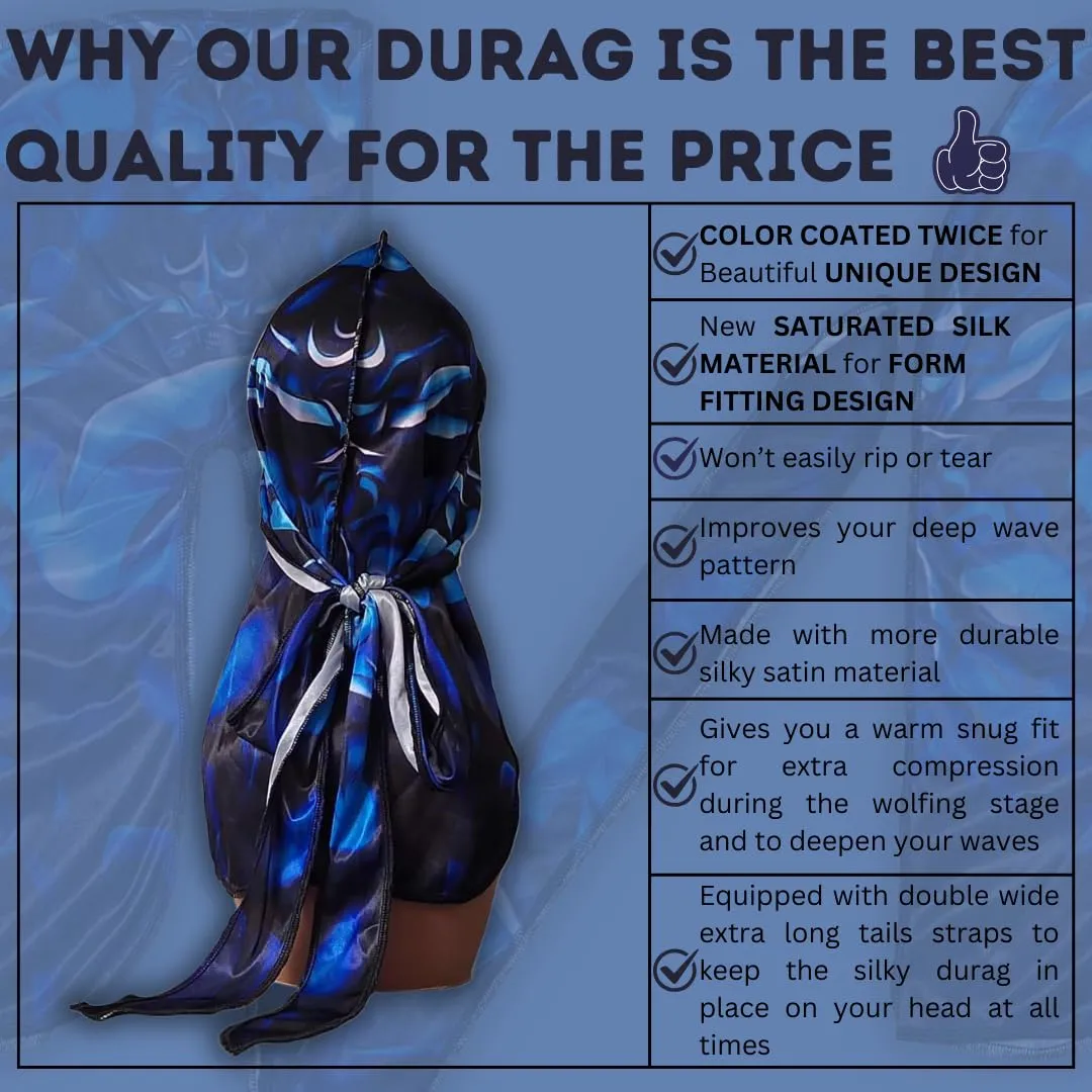 New Premium Silky Durag Design Satin Blue Black