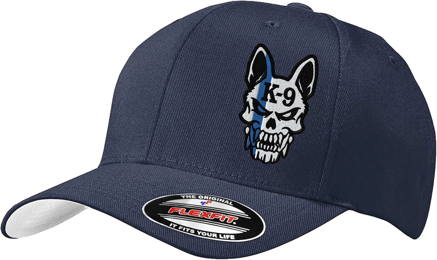 Police K-9 Unit Dog Skull Thin Blue Line 6277/6477 Custom Embroidered Baseball Flex Fitted Baseball Hat