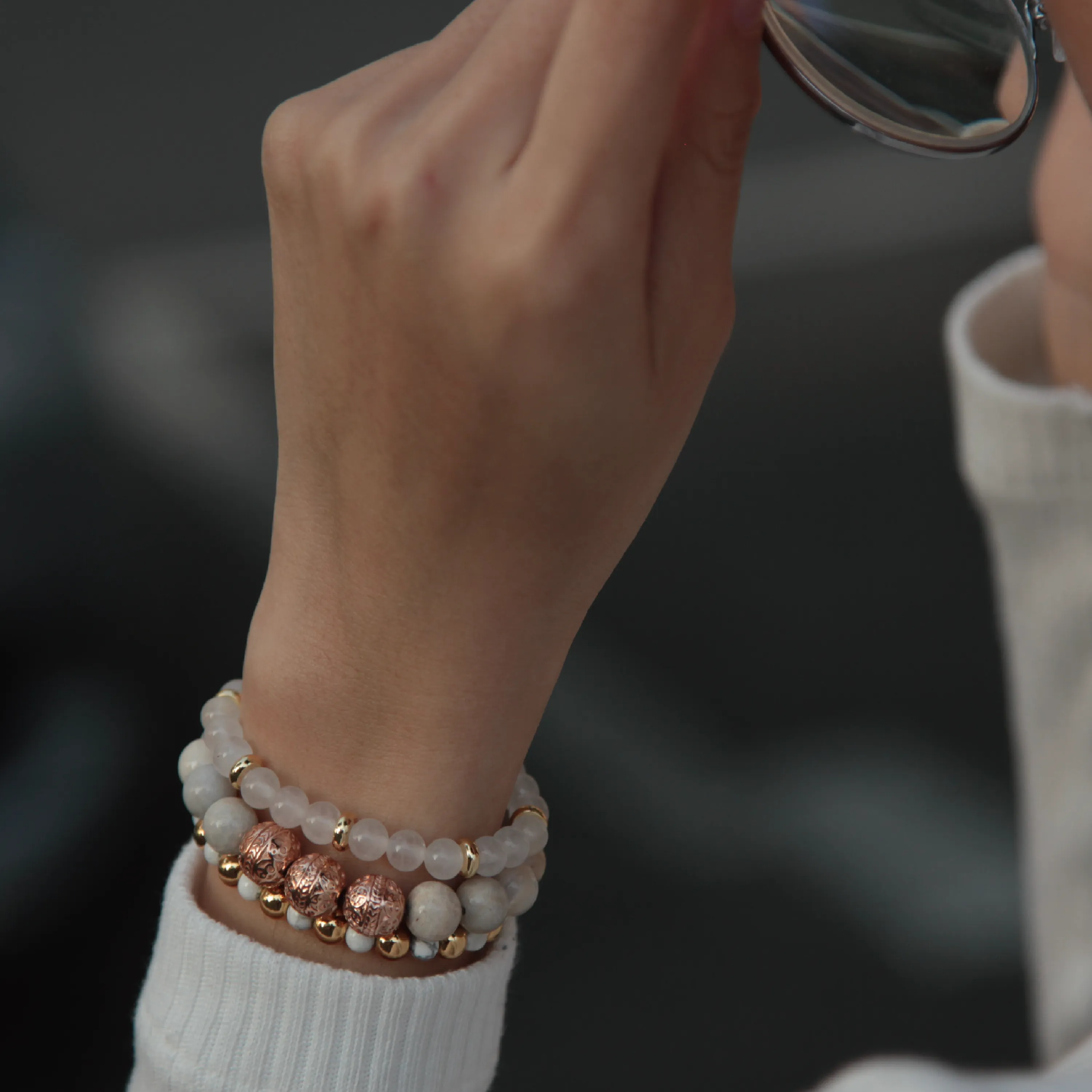Rose Gold Chrysanthemum Bracelet with Howlite and White Jade Bracelet