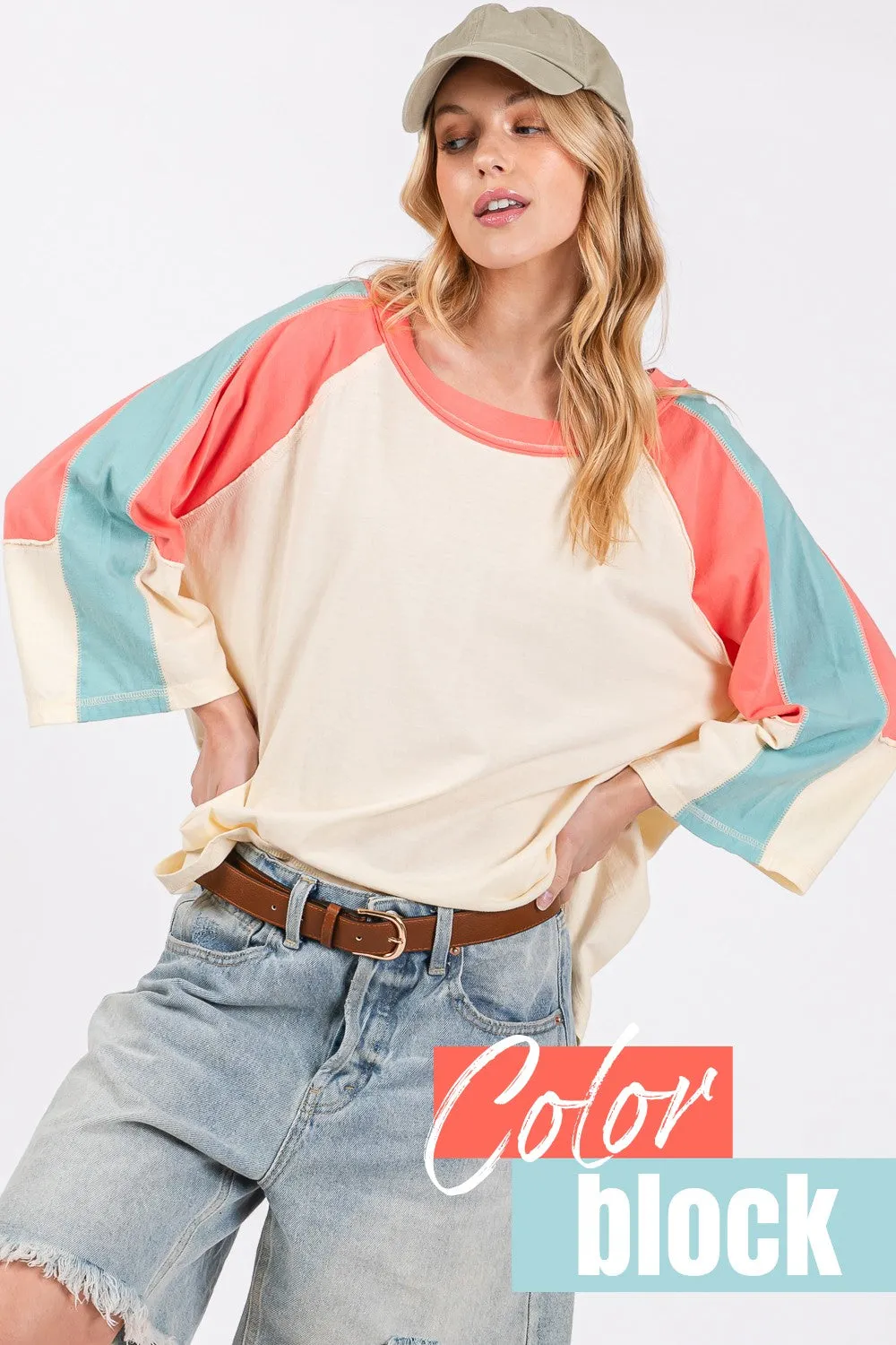 SAGE   FIG Color Block Curved Hem T-Shirt
