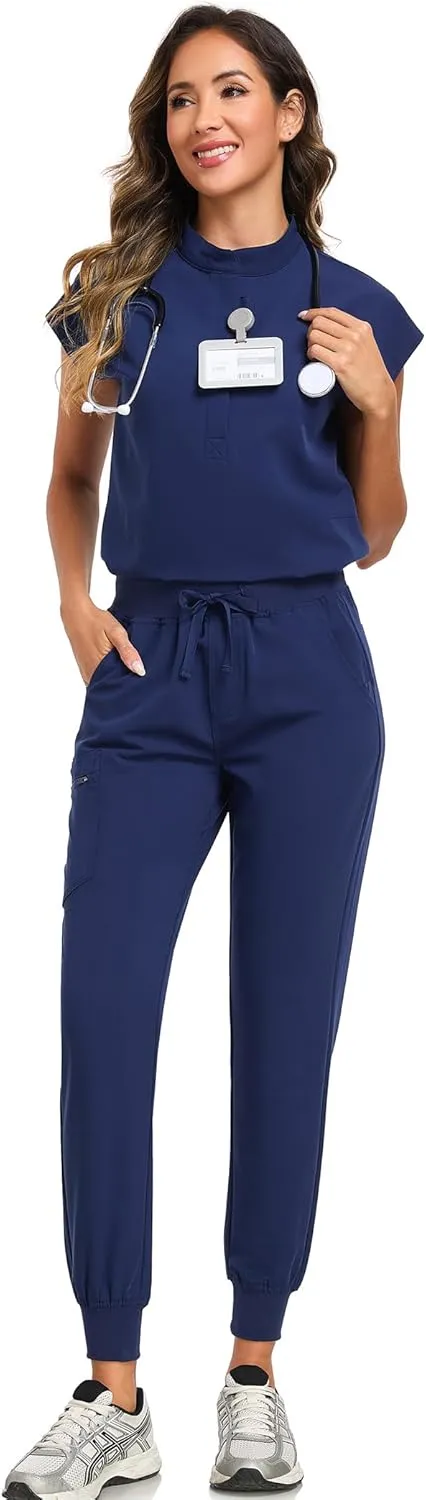 Scrub Pants for Women Four Way Stretch Joggers High Rise Zipper Cargo Pants with 5 Pockets