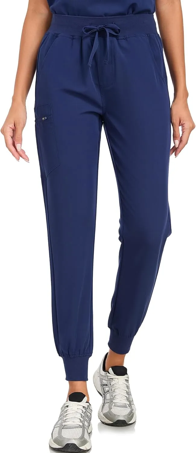 Scrub Pants for Women Four Way Stretch Joggers High Rise Zipper Cargo Pants with 5 Pockets