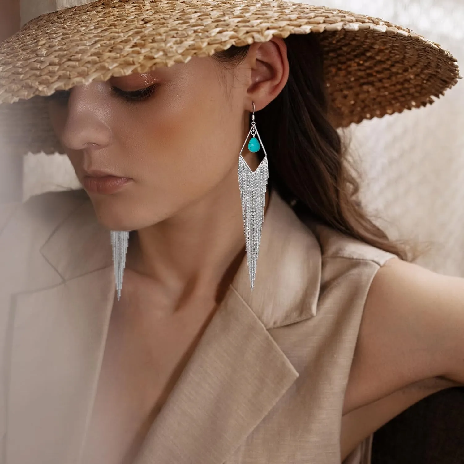 Tassel Earrings Long Tassel Dangle Drop Earrings for Woman Turquoise Earrings Pearl Drop Earrings Silver/Gold Drop Dangle Earrings Boho Western Turquoise Jewelry Statement Earrings Hypoallergenic for Valentines Day Prom Party