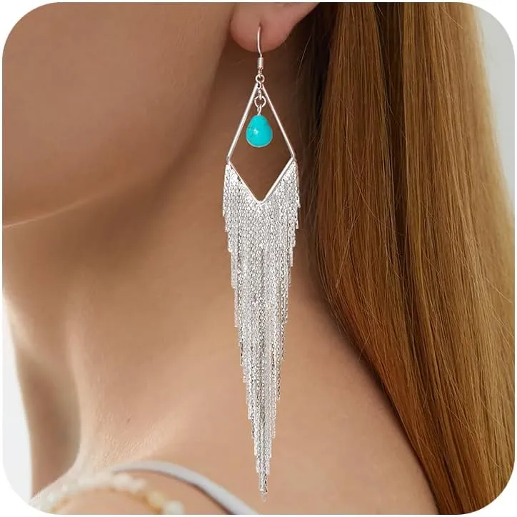 Tassel Earrings Long Tassel Dangle Drop Earrings for Woman Turquoise Earrings Pearl Drop Earrings Silver/Gold Drop Dangle Earrings Boho Western Turquoise Jewelry Statement Earrings Hypoallergenic for Valentines Day Prom Party
