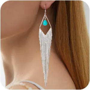 Tassel Earrings Long Tassel Dangle Drop Earrings for Woman Turquoise Earrings Pearl Drop Earrings Silver/Gold Drop Dangle Earrings Boho Western Turquoise Jewelry Statement Earrings Hypoallergenic for Valentines Day Prom Party