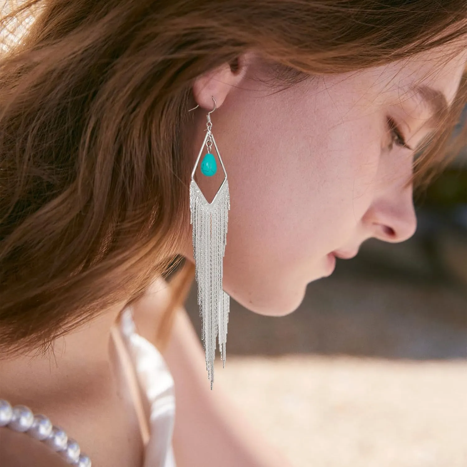 Tassel Earrings Long Tassel Dangle Drop Earrings for Woman Turquoise Earrings Pearl Drop Earrings Silver/Gold Drop Dangle Earrings Boho Western Turquoise Jewelry Statement Earrings Hypoallergenic for Valentines Day Prom Party