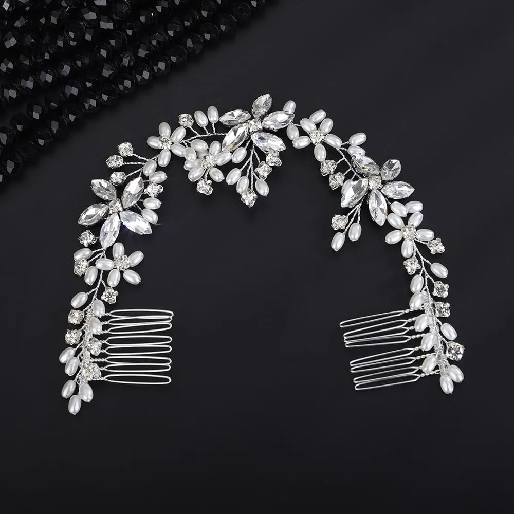 Teyglen Crystal Wedding Headband Bridal Rhinestone Headpiece Silver Pearl Crystal Hair Vine with Comb Hair Accessories for Women Flower Girls
