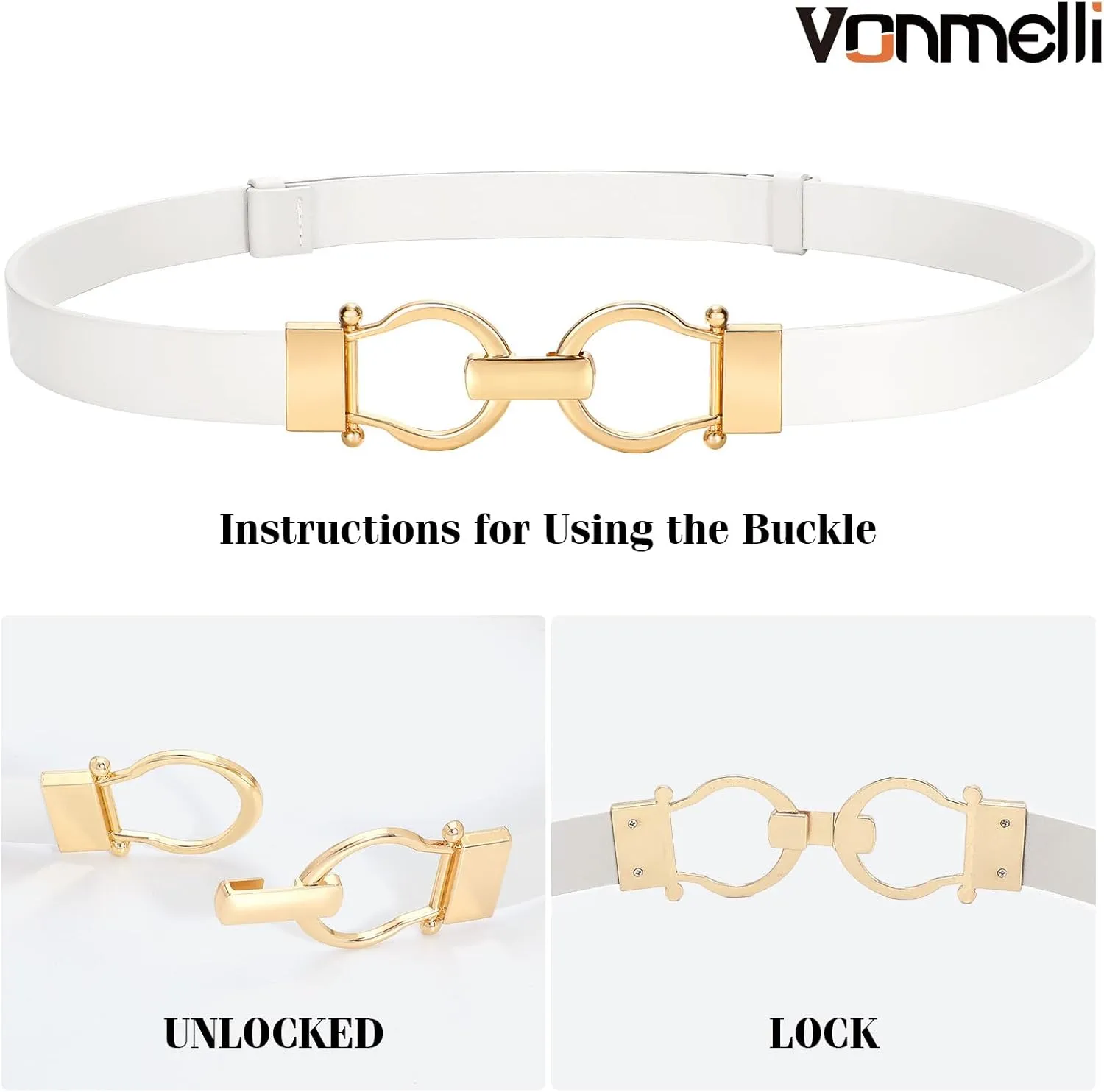 VONMELLI 2 Pack Women's Leather Belts for Jeans Dress Pants Ladies Waist Belt Skinny Belt with Fashion Gold Buckle