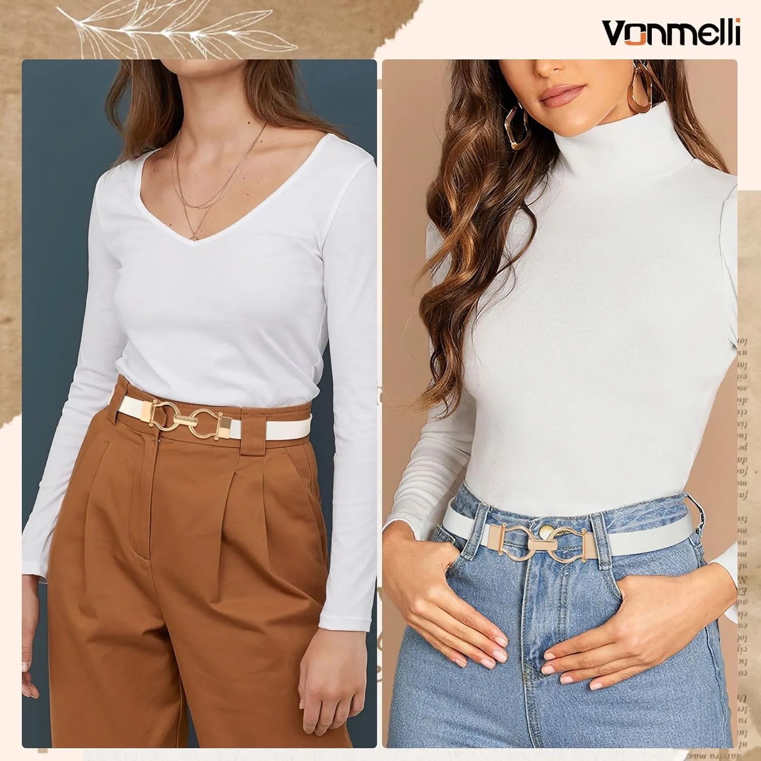 VONMELLI 2 Pack Women's Leather Belts for Jeans Dress Pants Ladies Waist Belt Skinny Belt with Fashion Gold Buckle