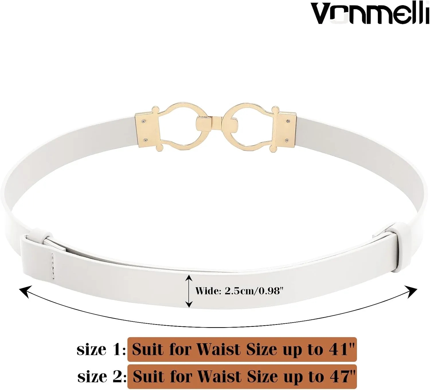 VONMELLI 2 Pack Women's Leather Belts for Jeans Dress Pants Ladies Waist Belt Skinny Belt with Fashion Gold Buckle