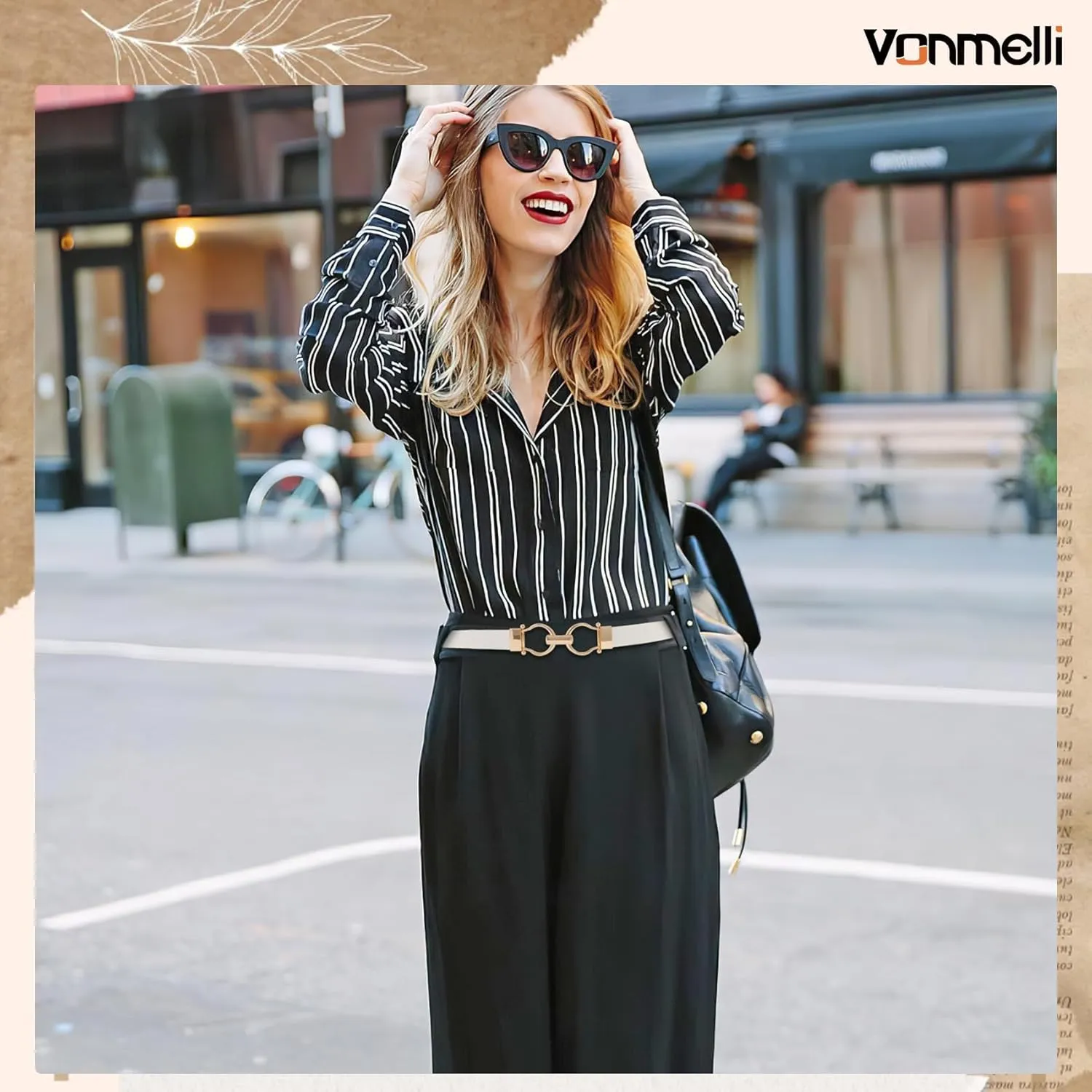 VONMELLI 2 Pack Women's Leather Belts for Jeans Dress Pants Ladies Waist Belt Skinny Belt with Fashion Gold Buckle