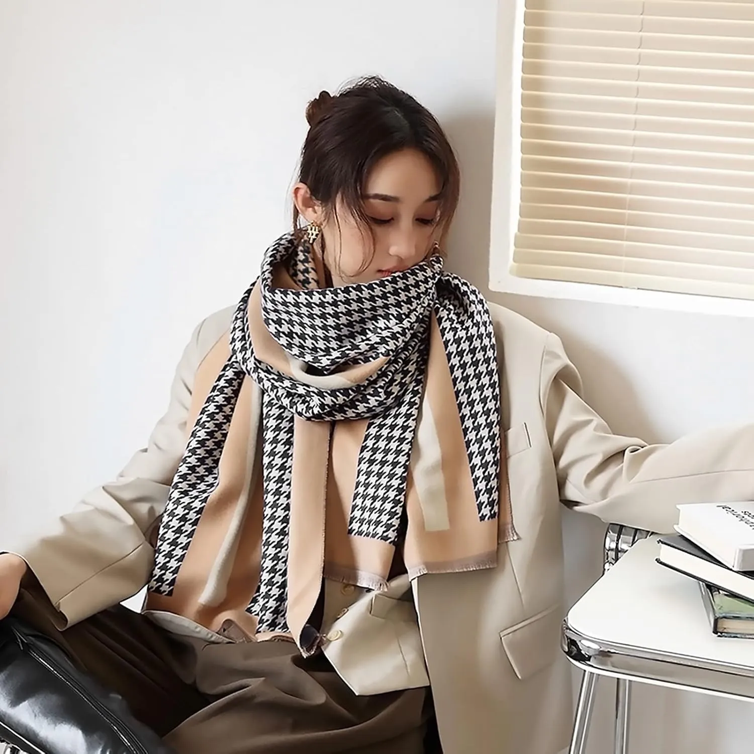 Winter Cashmere Scarf Shawl For Women Classic Houndstooth Pashmina Scarves With Tassel Warm Soft Long Thickened Wrap