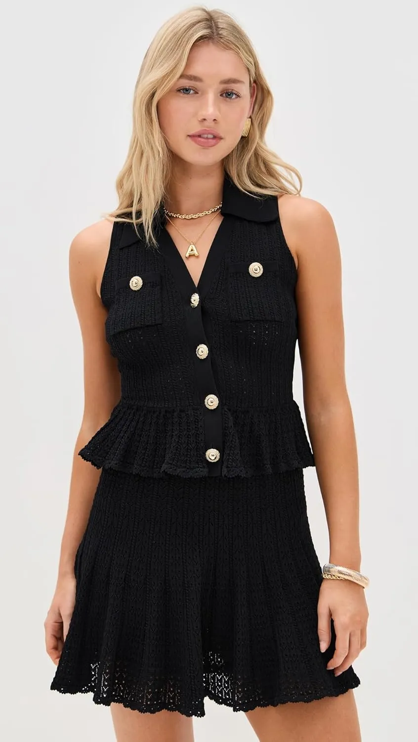 Women's Black Pointelle Knit Mini Dress