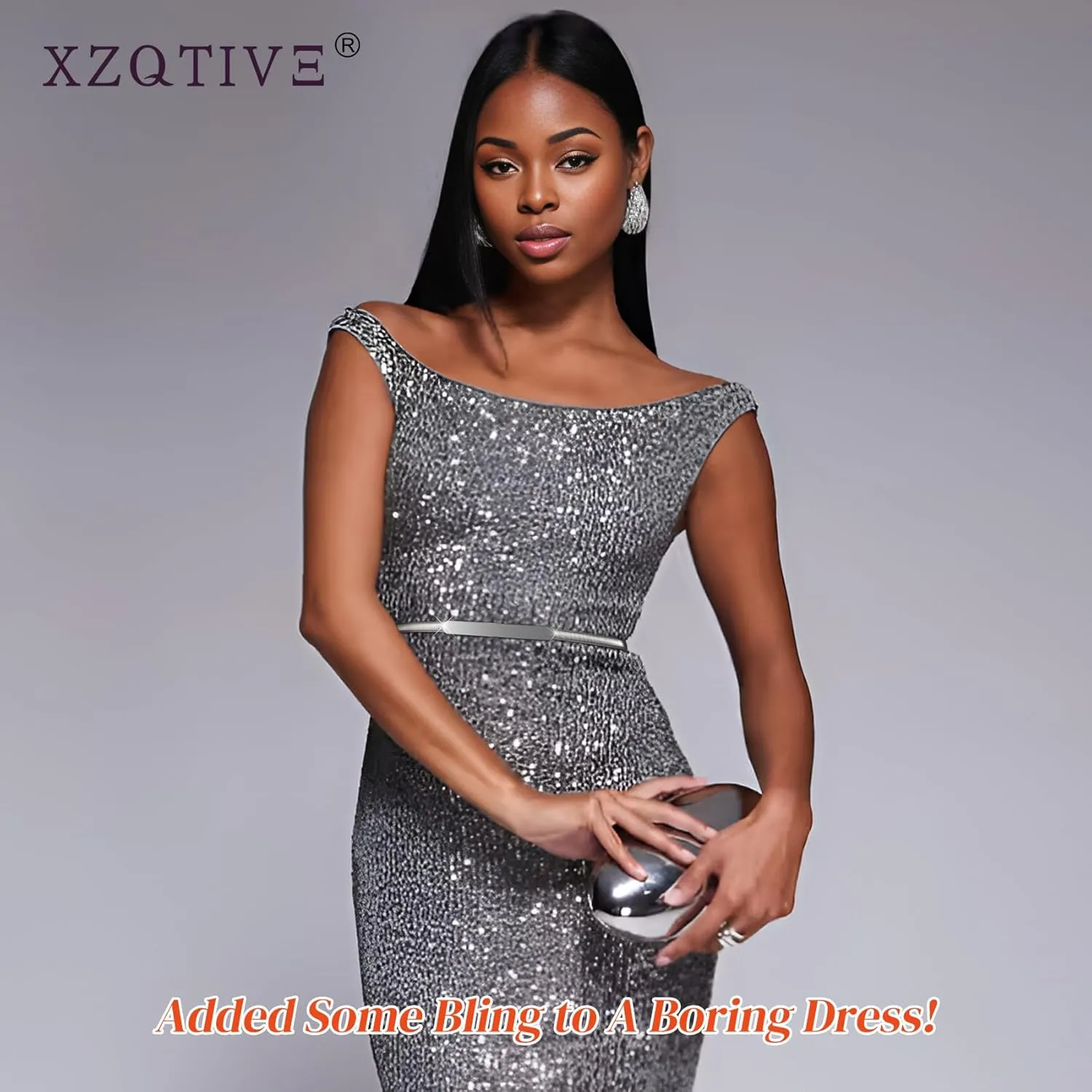 XZQTIVE Women Skinny Metal Chain Waist Belt Stretchy Saree Cinch Belt for Dress Gold Sliver
