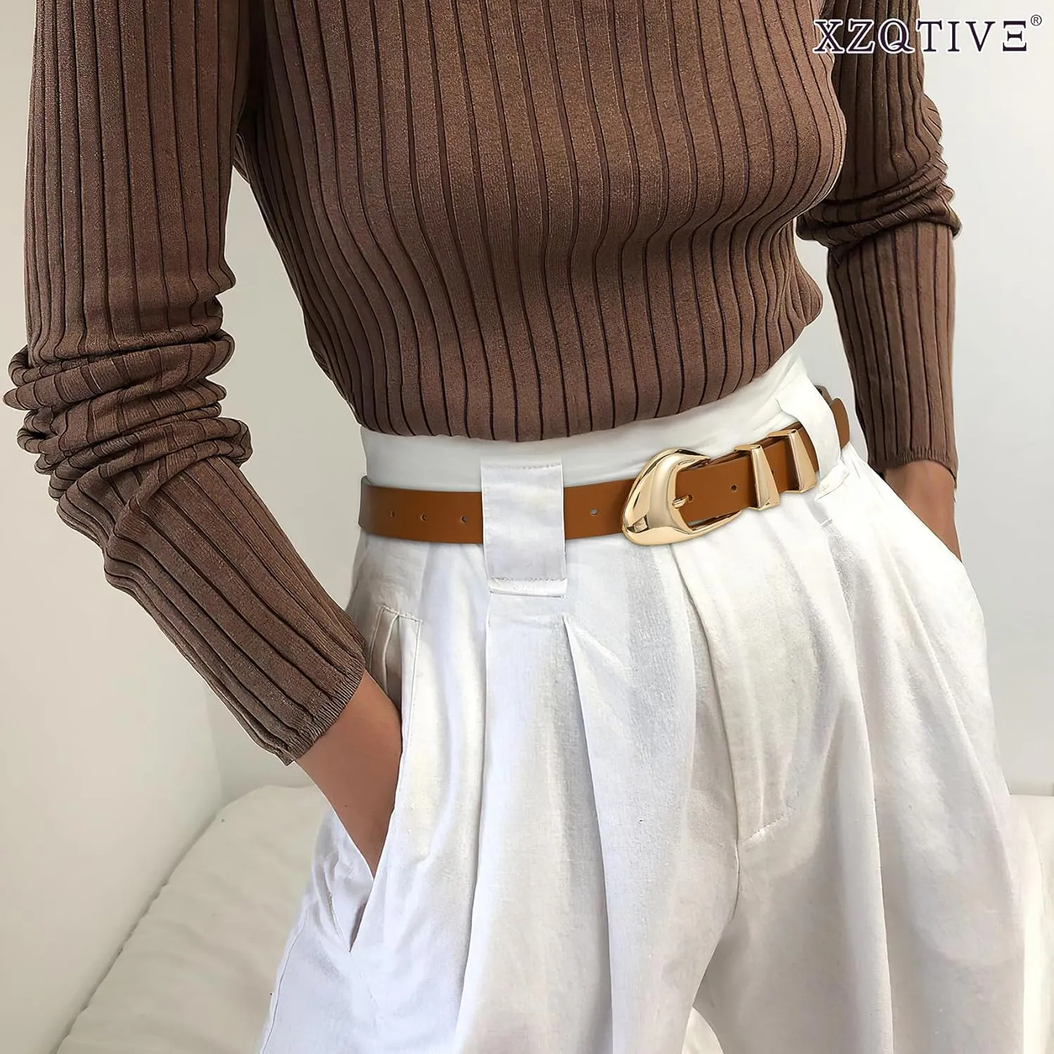 XZQTIVE Women's Leather Belts for Jeans Dress Pants Black Brown Belts for Women Ladies Waist Belts with Gold Buckle