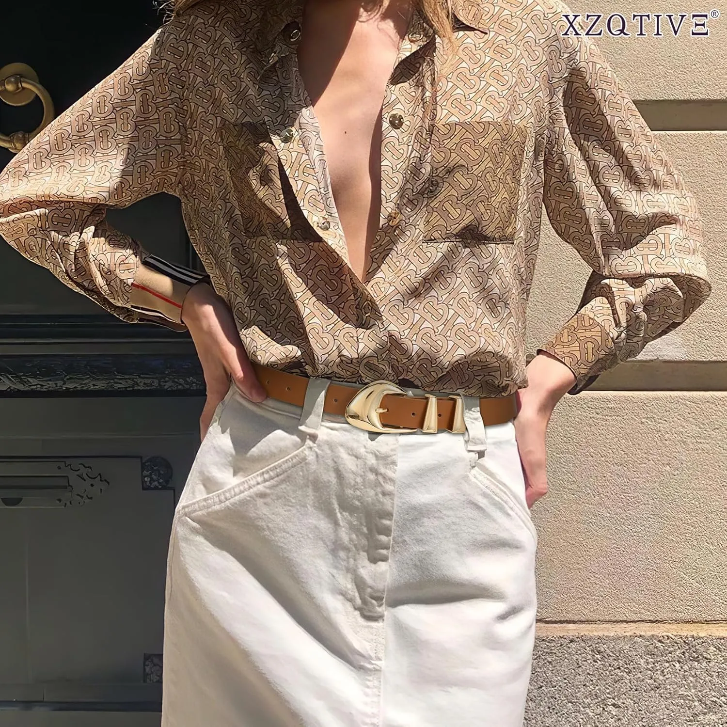 XZQTIVE Women's Leather Belts for Jeans Dress Pants Black Brown Belts for Women Ladies Waist Belts with Gold Buckle